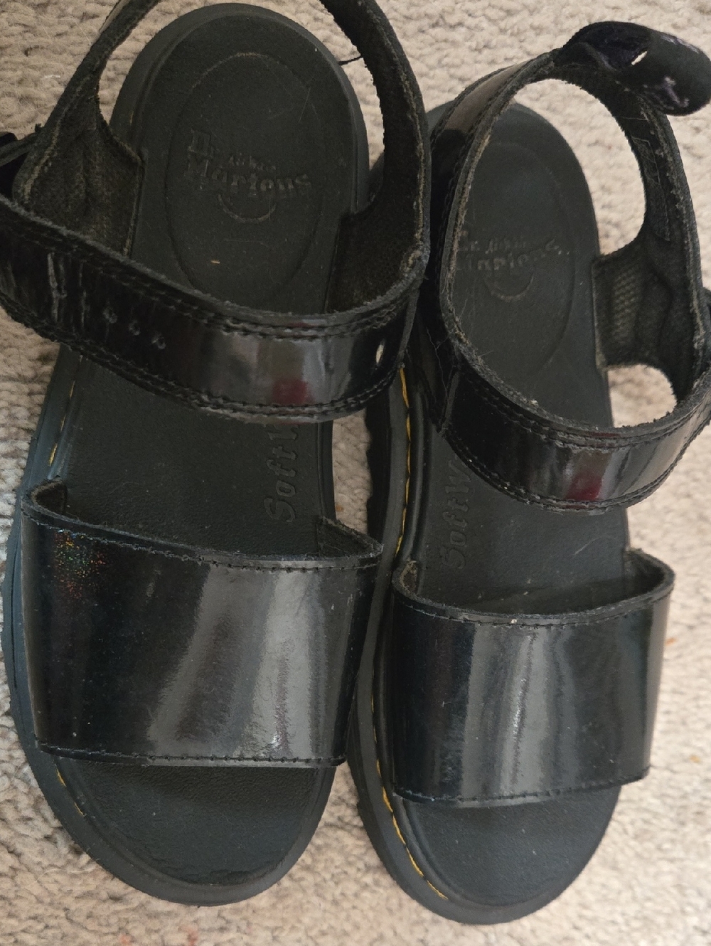Dr. Martens Black Patent Leather Platform Sandals with Yellow Stitching